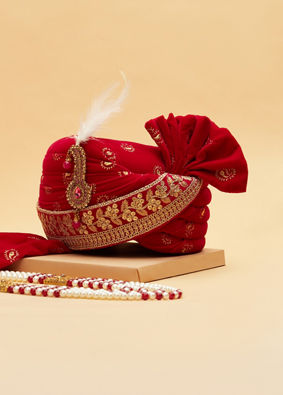Red And Gold Brooch And Feather Detailed Safa image number 0